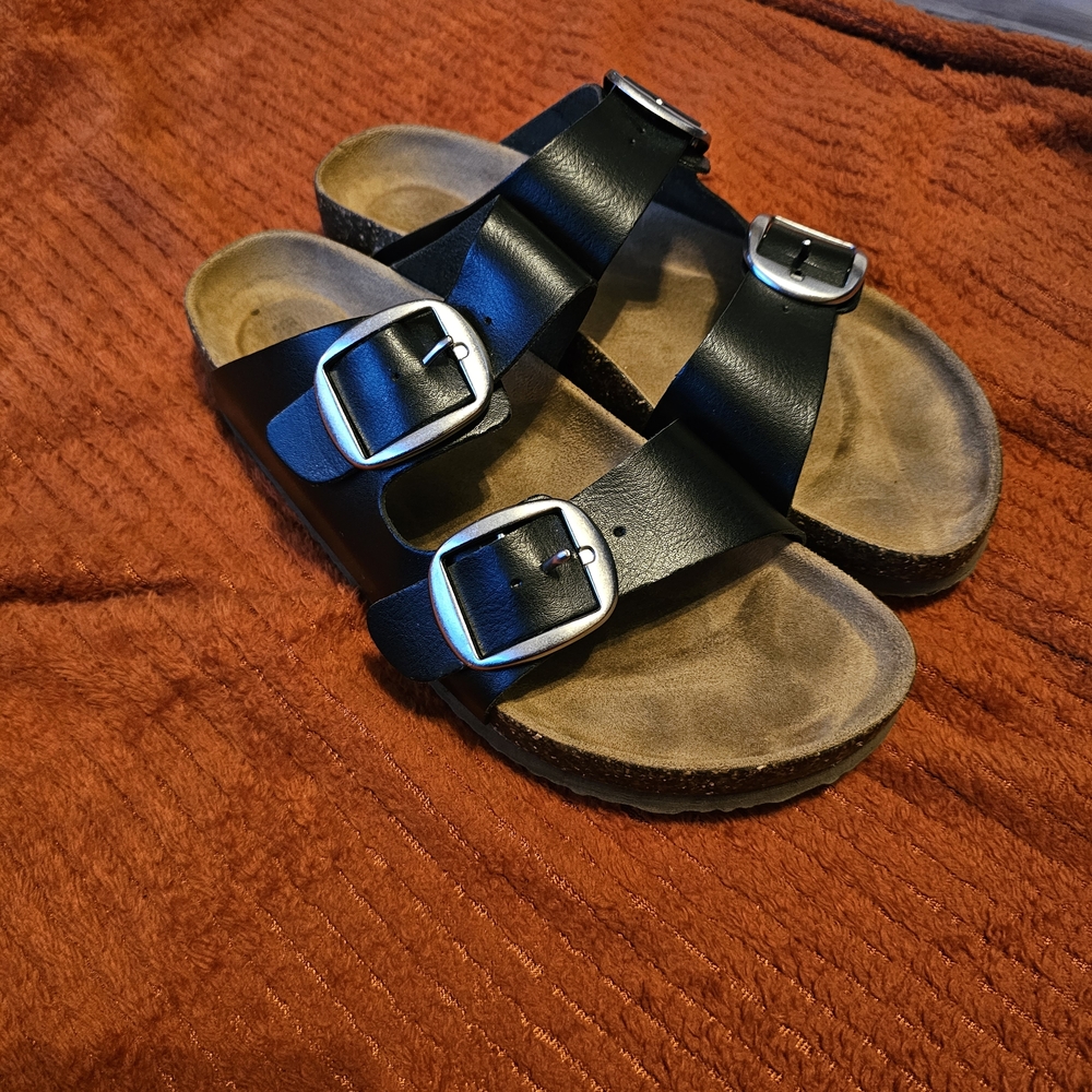 Time and Tru Black Sandals with Silver Buckles